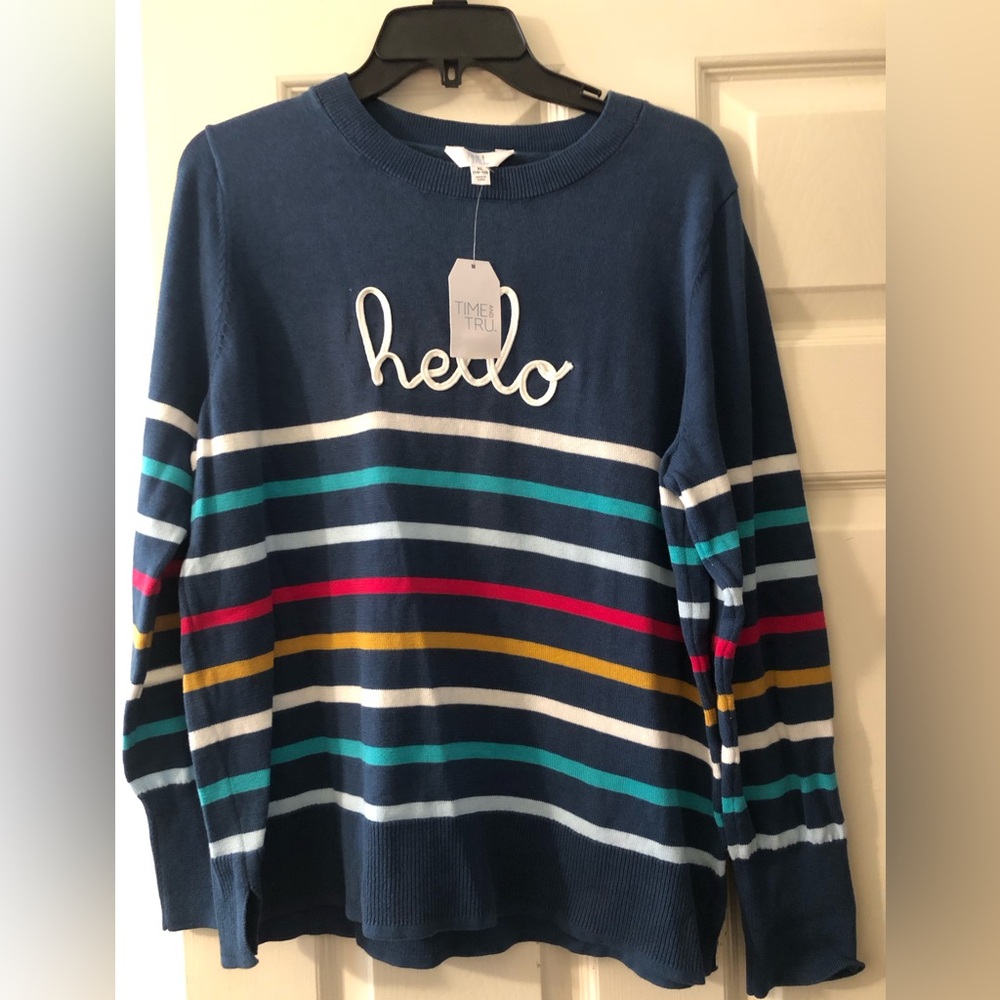 Time and Tru Blue Striped 'Hello' Knit Sweater - Women's
